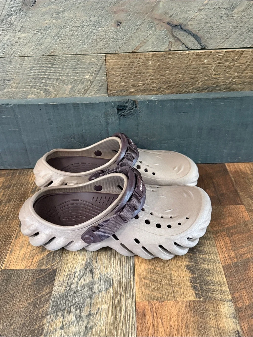 CROCS Slip-On Clogs in Taupe with Dark Brown Strap. Run a little big.